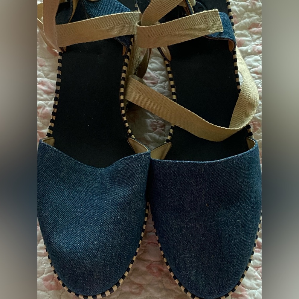 Tory Burch Blue Denim Dandy Ankle Wrap Espadrille Wedge Sandals - Picture 3 of 8